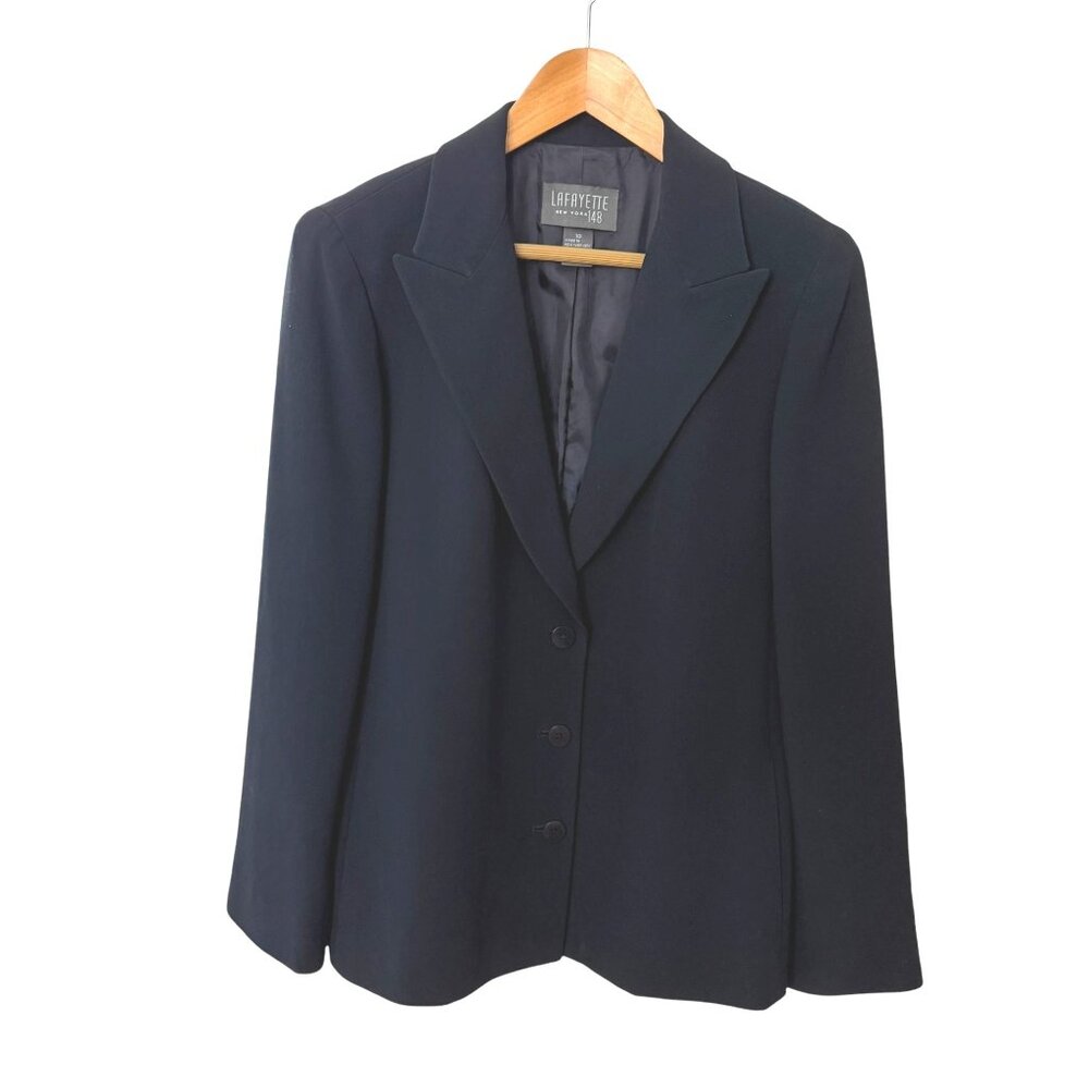 Lafayette 148 Navy Blue Blazer Jacket 3 botton Size 10 Made In NYC USA Pockets
